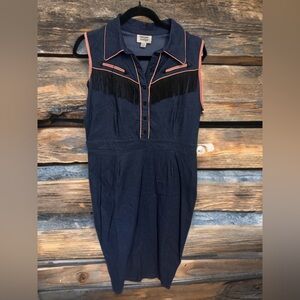 Unique Vintage Western MIDI  Navy Dress with Pink Trim and Fringe